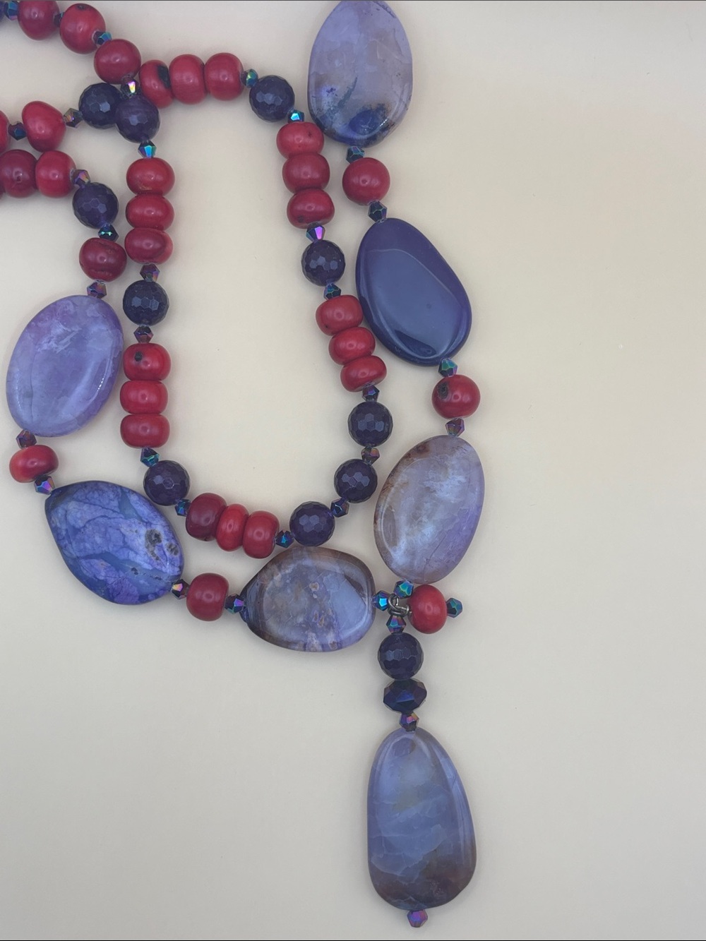 Artisan Red and Purple Gemstones Two Strand Y Drop Beaded Statement Necklace
